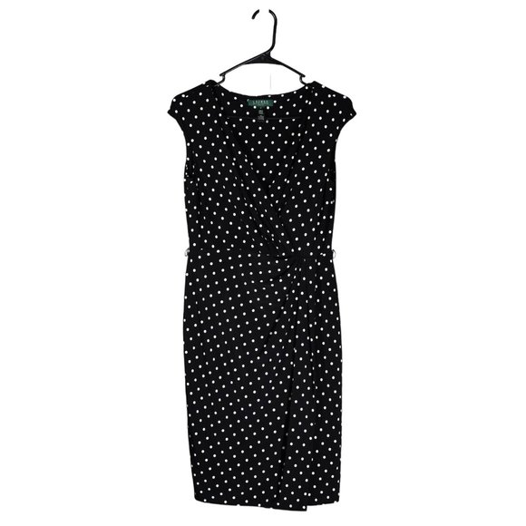 Ralph Lauren Women's Dress Black White Polka Dot Stretch V-Neck Faux Wrap Size 4 - Picture 1 of 8